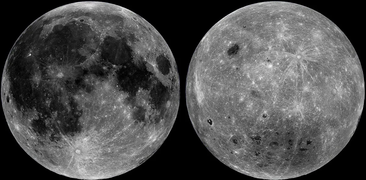 e1_moon-near-far-width-1320 An image showing the two sides of the Moon; the one on the left has dark plains, while the one on the right is brighter and more rugged.