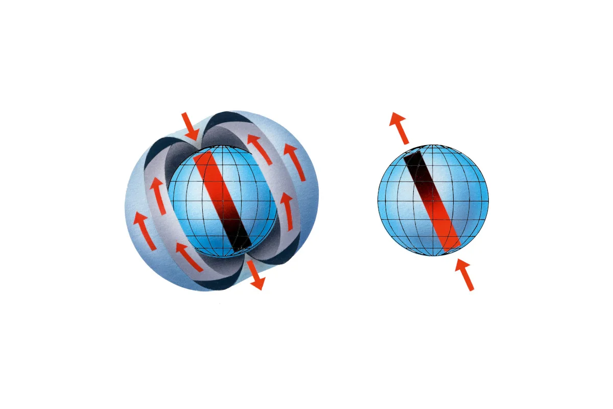 space-bermuda-triangle-magnetic-field-flip Artwork illustrating reversal of the Earth's magnetic field. At left, the magnetic field lines radiate from the south magnetic pole, and converge on the north magnetic pole, as seen by the red arrows. At right, the direction of polarity has changed so north is now at the bottom, and south at the top. This reversal would cause compasses to point to the south pole instead of the north. Palaeomagnetic studies of rocks have shown that the Earth's magnetic field has changed periodically during the Earth's history. Rock on the ocean floor has stripes of alternating polarity depending on the prevailing field direction at the time of its formation.