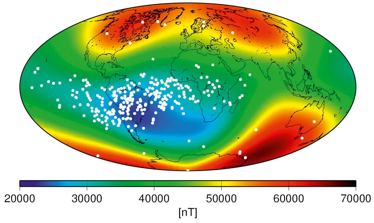 space-bermuda-triangle-south-atlantic-anomaly Image showing the South Atlantic Anomaly. White dots show satellites that have been affected by it.